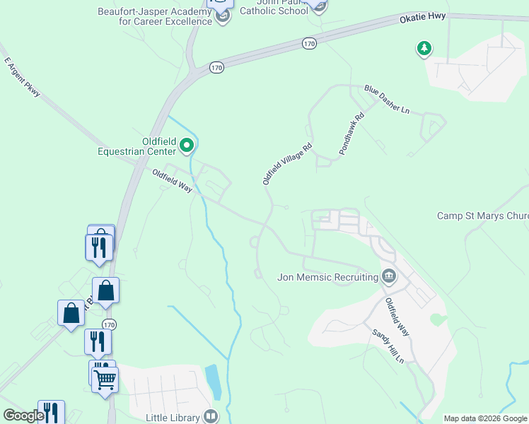 map of restaurants, bars, coffee shops, grocery stores, and more near 5 Oldfield Village Road in Bluffton
