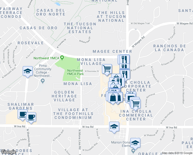 map of restaurants, bars, coffee shops, grocery stores, and more near 2342 West Monet Way in Tucson