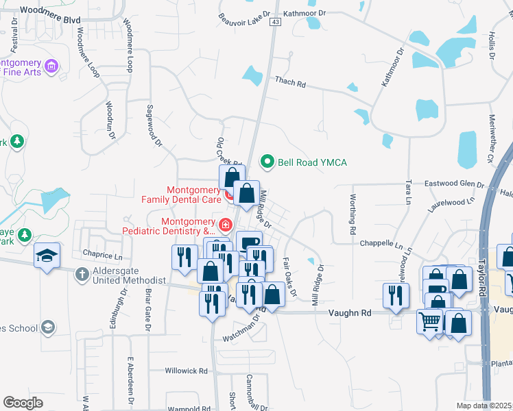 map of restaurants, bars, coffee shops, grocery stores, and more near 2401 Noble Wood Ct in Montgomery
