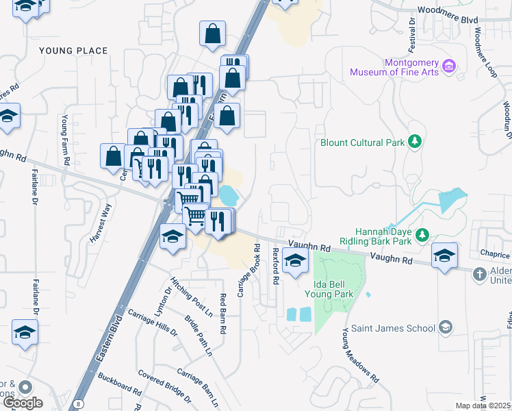 map of restaurants, bars, coffee shops, grocery stores, and more near 2704 Office Park Circle in Montgomery