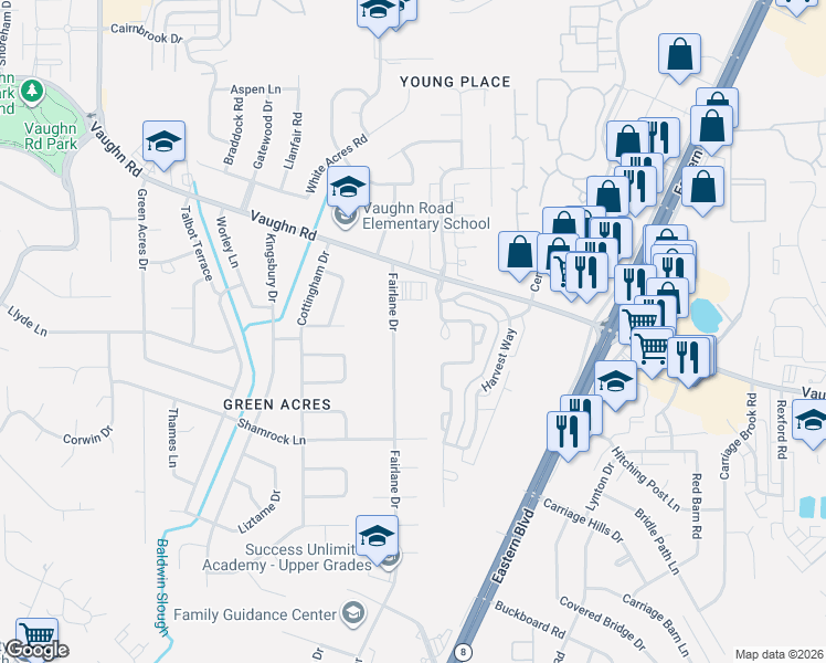 map of restaurants, bars, coffee shops, grocery stores, and more near 15 Fairlane Drive in Montgomery