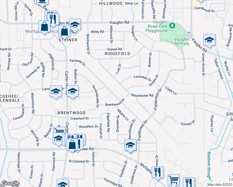 map of restaurants, bars, coffee shops, grocery stores, and more near 3225 Fernway Drive in Montgomery