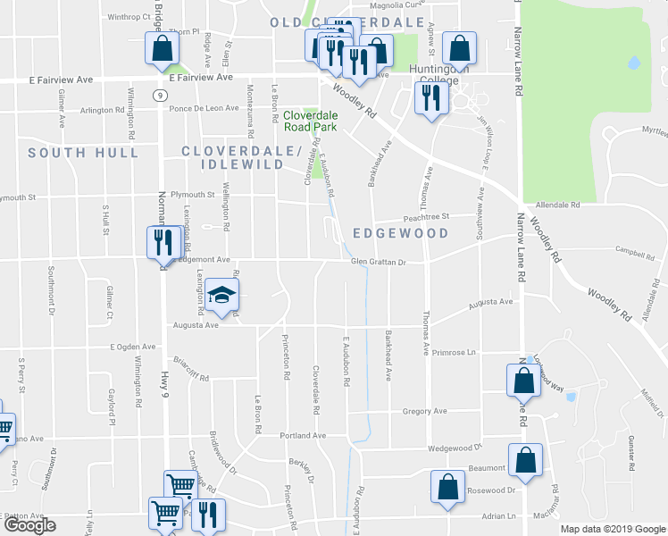 map of restaurants, bars, coffee shops, grocery stores, and more near 3395 Cloverdale Road in Montgomery