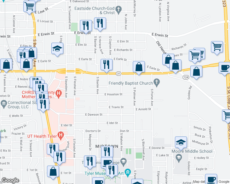 map of restaurants, bars, coffee shops, grocery stores, and more near 1428 East Houston Street in Tyler