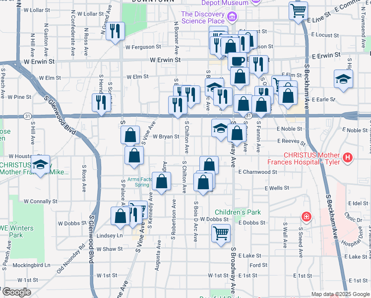 map of restaurants, bars, coffee shops, grocery stores, and more near 520 South Bonner Avenue in Tyler