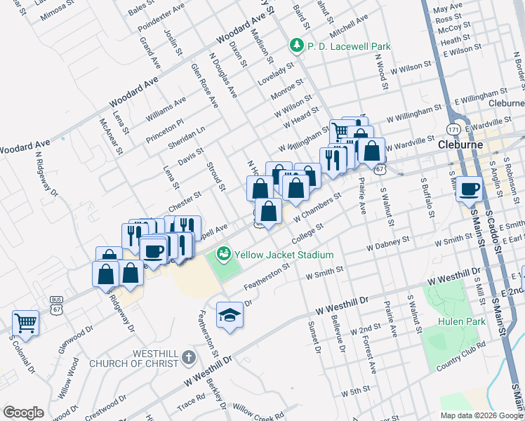 map of restaurants, bars, coffee shops, grocery stores, and more near 203 North Pendell Avenue in Cleburne