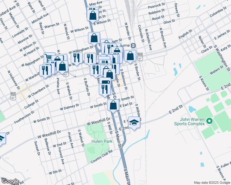 map of restaurants, bars, coffee shops, grocery stores, and more near 407 South Caddo Street in Cleburne