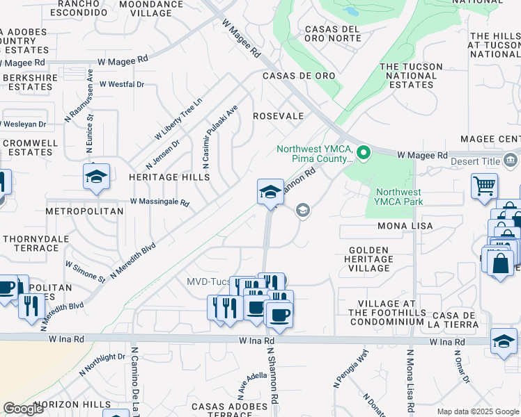 map of restaurants, bars, coffee shops, grocery stores, and more near 7561 North Ethan Allen Place in Tucson