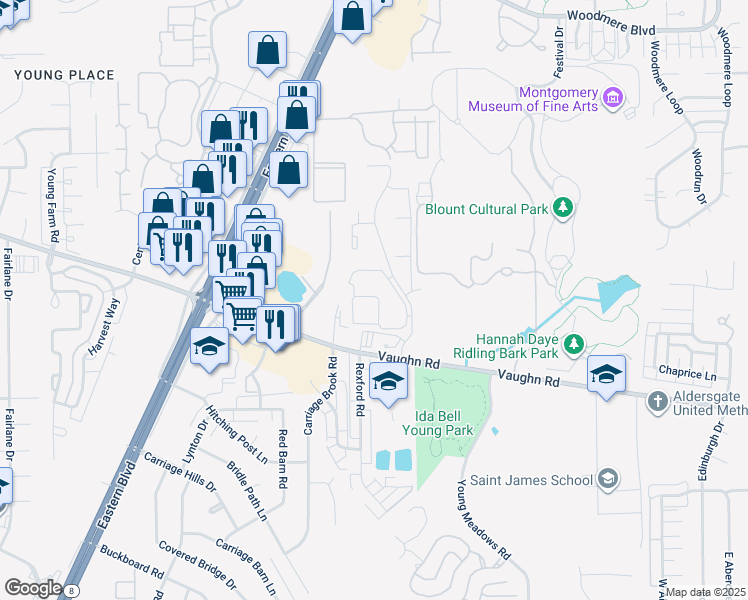 map of restaurants, bars, coffee shops, grocery stores, and more near 2600 Vaughn Lakes Boulevard in Montgomery