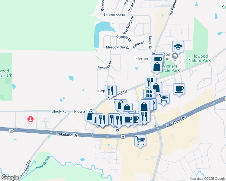 map of restaurants, bars, coffee shops, grocery stores, and more near 2004 Bayberry Drive in Flowood
