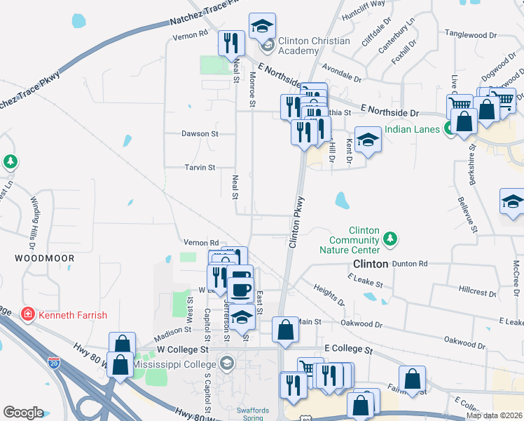 map of restaurants, bars, coffee shops, grocery stores, and more near 802 Monroe Street in Clinton