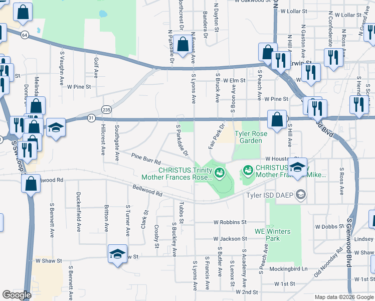 map of restaurants, bars, coffee shops, grocery stores, and more near 522 South Parkdale Drive in Tyler
