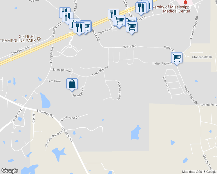 map of restaurants, bars, coffee shops, grocery stores, and more near Inheritance Place in Flowood