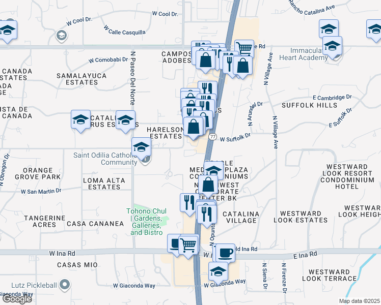 map of restaurants, bars, coffee shops, grocery stores, and more near 7555 North Oracle Road in Tucson