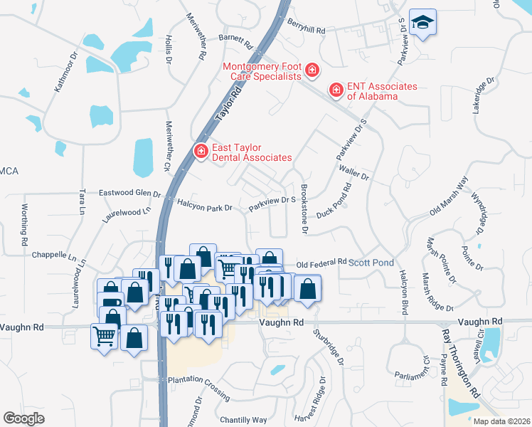 map of restaurants, bars, coffee shops, grocery stores, and more near 2604 Halcyon Downs Loop in Montgomery