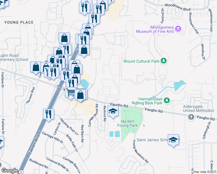 map of restaurants, bars, coffee shops, grocery stores, and more near 2600 Vaughn Lakes Boulevard in Montgomery