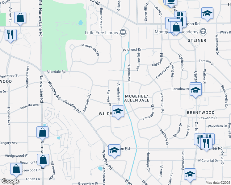 map of restaurants, bars, coffee shops, grocery stores, and more near 2244-2254 Fernway Drive in Montgomery