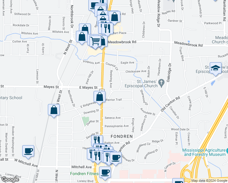map of restaurants, bars, coffee shops, grocery stores, and more near 3971 Arrowhead Drive in Jackson
