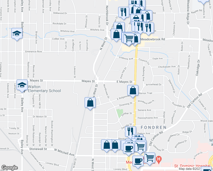 map of restaurants, bars, coffee shops, grocery stores, and more near 309 East Mayes Street in Jackson