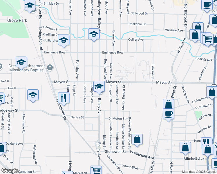 map of restaurants, bars, coffee shops, grocery stores, and more near 701 Mayes Street in Jackson