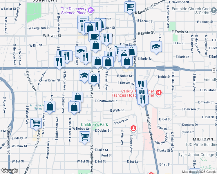 map of restaurants, bars, coffee shops, grocery stores, and more near 514 South Fannin Avenue in Tyler