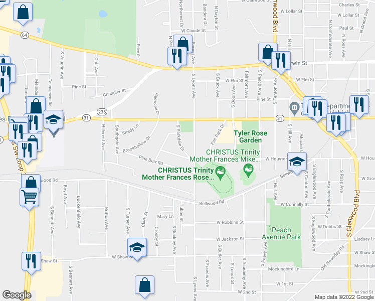 map of restaurants, bars, coffee shops, grocery stores, and more near 522 South Parkdale Drive in Tyler
