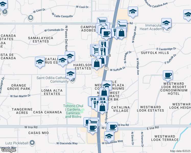 map of restaurants, bars, coffee shops, grocery stores, and more near 7555 North Oracle Road in Tucson