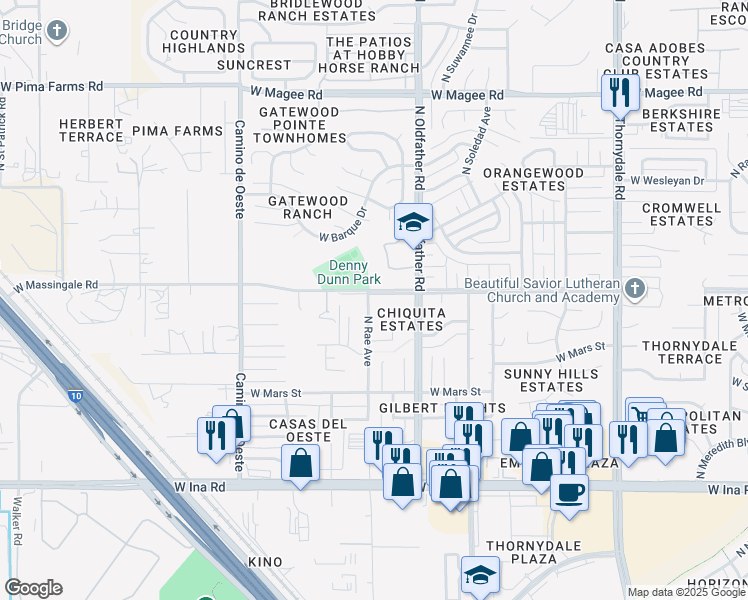 map of restaurants, bars, coffee shops, grocery stores, and more near 7580 North Rae Avenue in Tucson