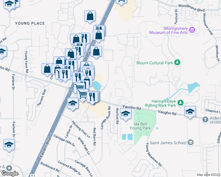 map of restaurants, bars, coffee shops, grocery stores, and more near 2704 Office Park Circle in Montgomery