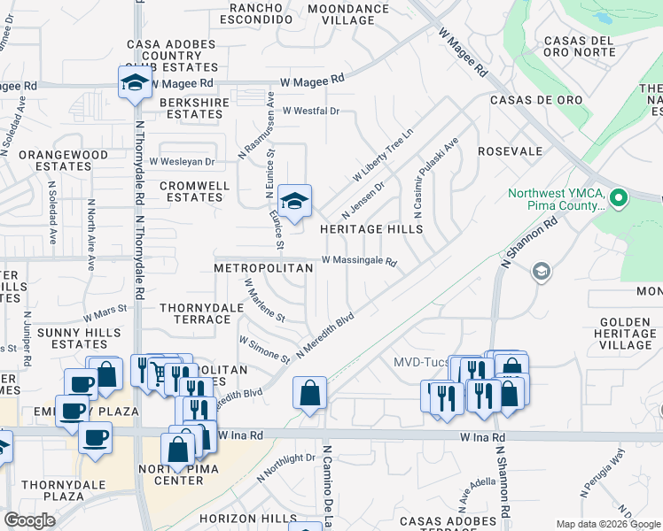 map of restaurants, bars, coffee shops, grocery stores, and more near 3257 West Massingale Road in Tucson