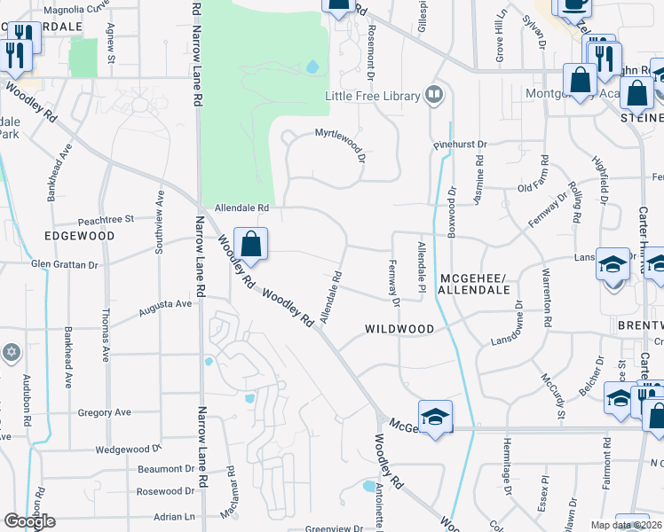 map of restaurants, bars, coffee shops, grocery stores, and more near 2202 Allendale Road in Montgomery