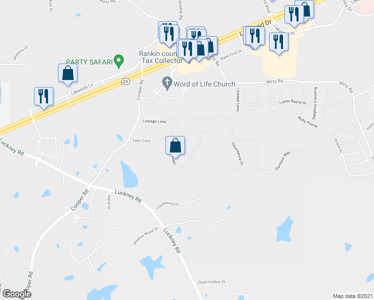 map of restaurants, bars, coffee shops, grocery stores, and more near 302 Crimson Crowne in Flowood