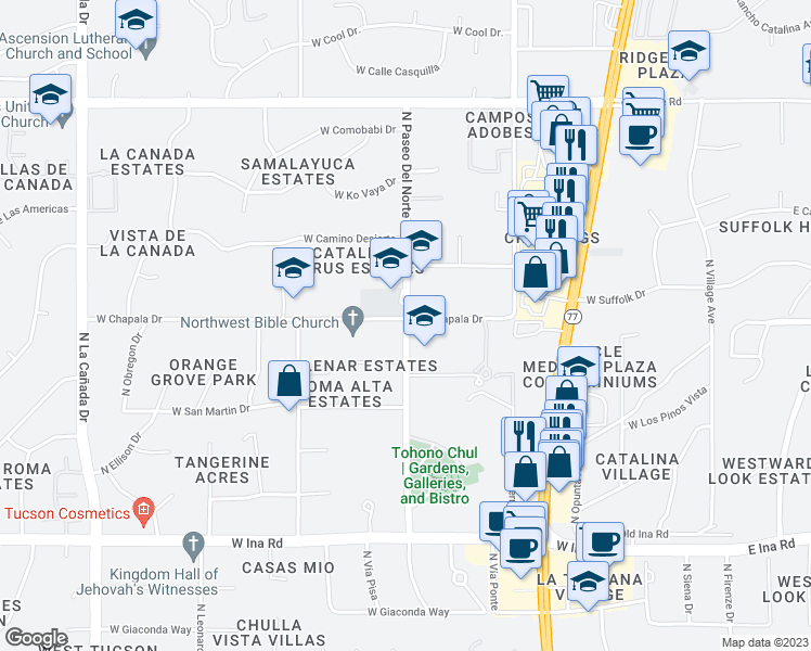 map of restaurants, bars, coffee shops, grocery stores, and more near 824 North Paseo Del Norte in Tucson