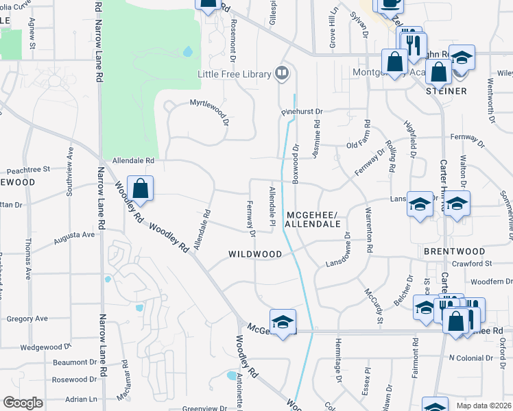 map of restaurants, bars, coffee shops, grocery stores, and more near 2244 Fernway Drive in Montgomery