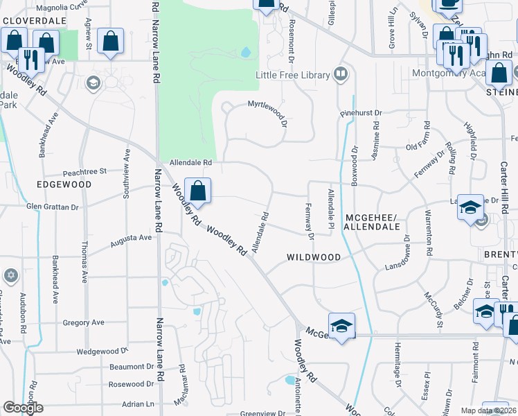 map of restaurants, bars, coffee shops, grocery stores, and more near 2202 Allendale Road in Montgomery