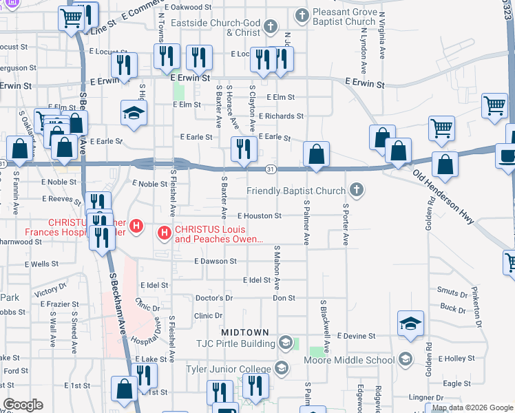 map of restaurants, bars, coffee shops, grocery stores, and more near 1420 East Houston Street in Tyler