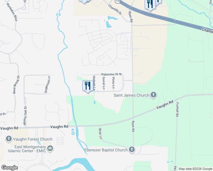 map of restaurants, bars, coffee shops, grocery stores, and more near 8118-8124 Pinto Lane in Montgomery
