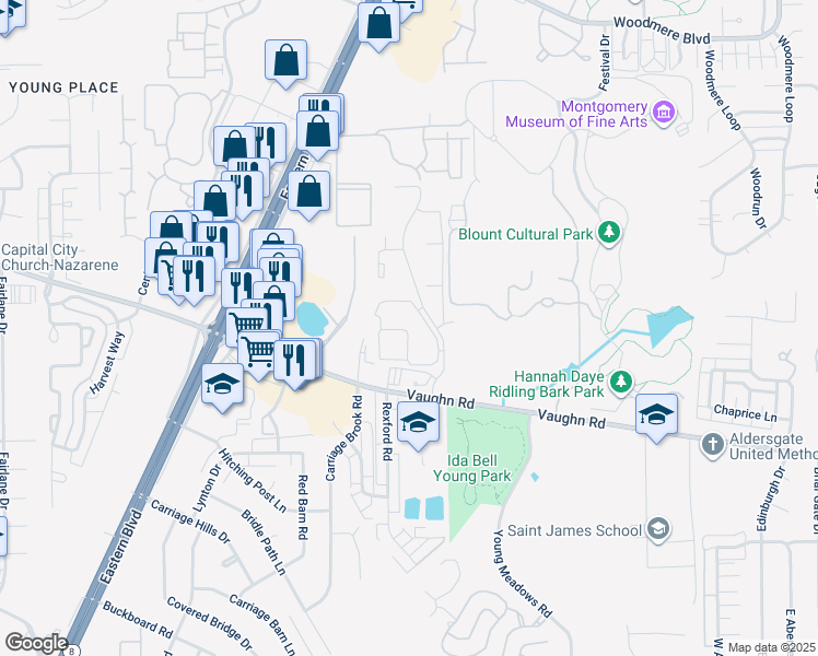 map of restaurants, bars, coffee shops, grocery stores, and more near 2600 Vaughn Lakes Boulevard in Montgomery