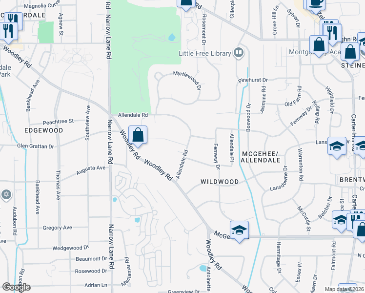 map of restaurants, bars, coffee shops, grocery stores, and more near 2202 Allendale Road in Montgomery