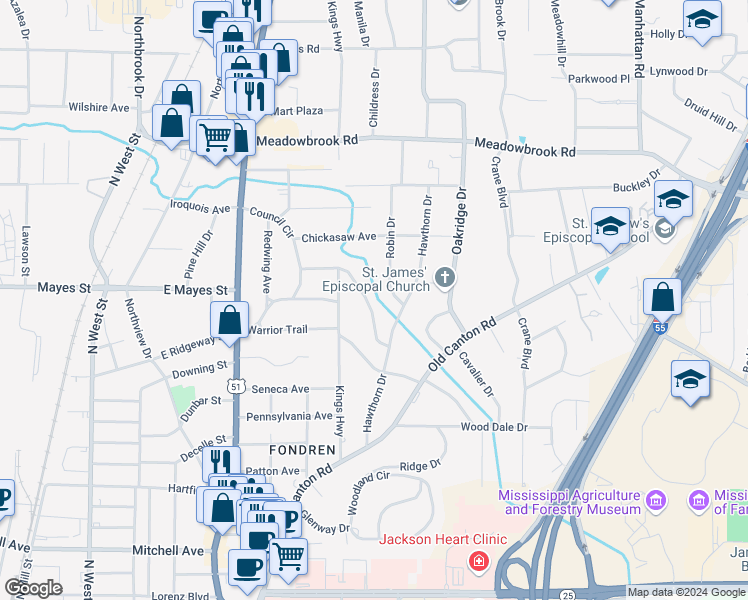 map of restaurants, bars, coffee shops, grocery stores, and more near 4023 Robin Drive in Jackson