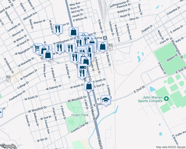 map of restaurants, bars, coffee shops, grocery stores, and more near 404 South Anglin Street in Cleburne