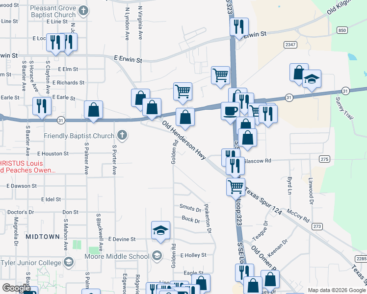 map of restaurants, bars, coffee shops, grocery stores, and more near 602 Golden Road in Tyler