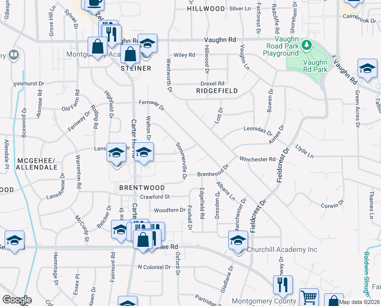 map of restaurants, bars, coffee shops, grocery stores, and more near 3112 Lansdowne Drive in Montgomery
