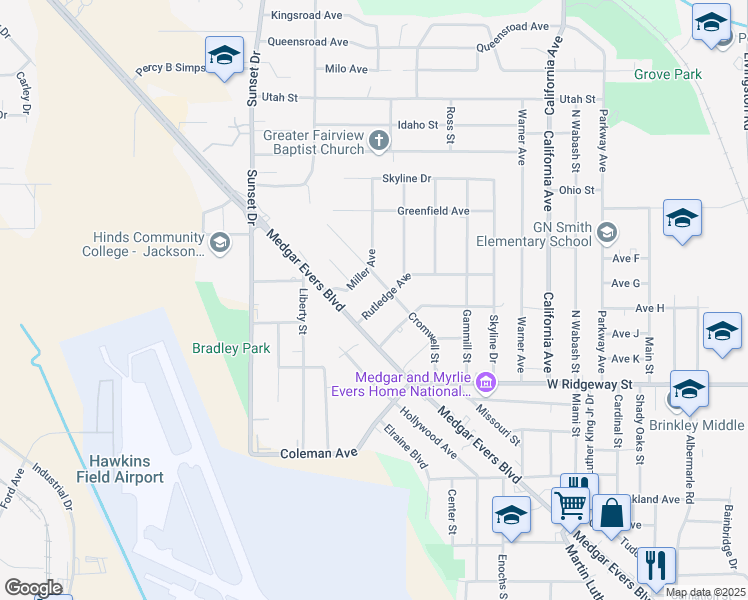 map of restaurants, bars, coffee shops, grocery stores, and more near 2720 Rutledge Avenue in Jackson