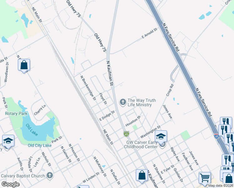 map of restaurants, bars, coffee shops, grocery stores, and more near 1900 North Kaufman Street in Ennis