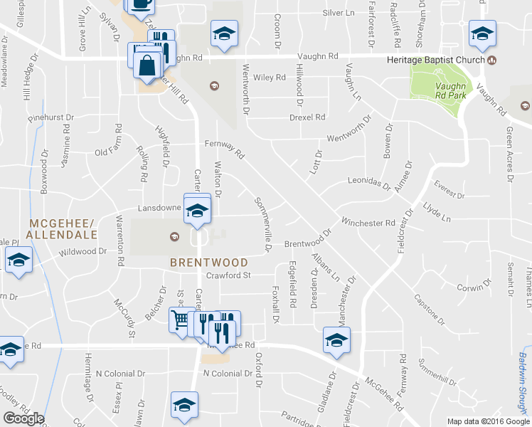 map of restaurants, bars, coffee shops, grocery stores, and more near 3400 Sommerville Drive in Montgomery