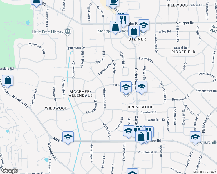 map of restaurants, bars, coffee shops, grocery stores, and more near 2810 Lansdowne Drive in Montgomery