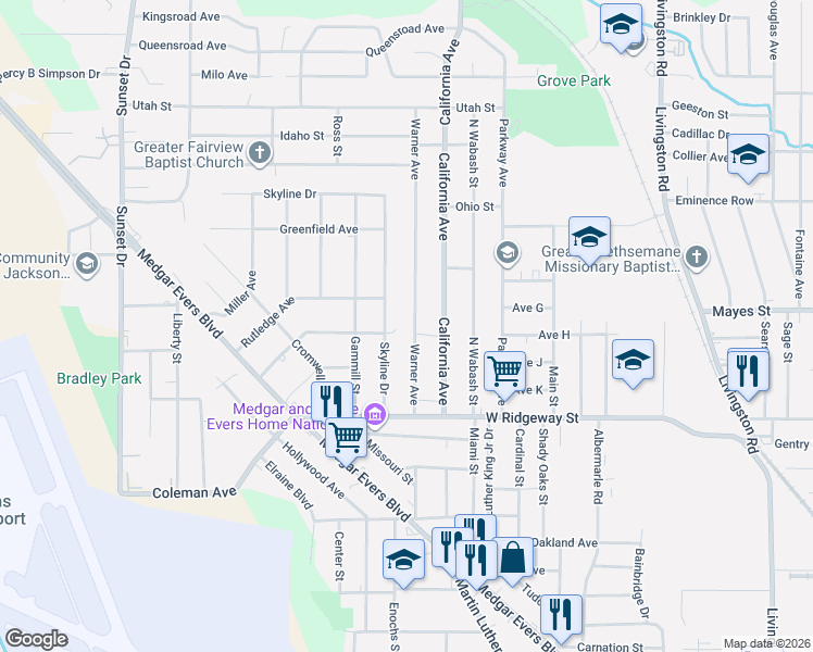 map of restaurants, bars, coffee shops, grocery stores, and more near 3807 Warner Ave in Jackson