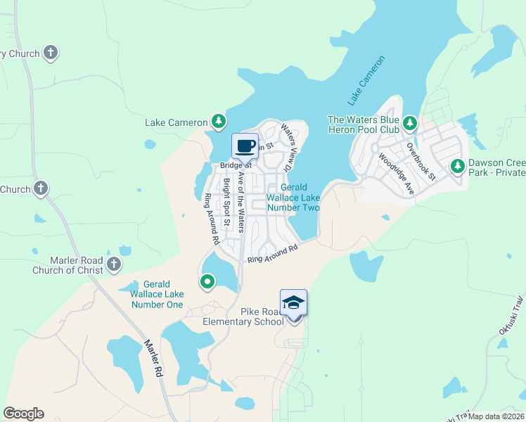 map of restaurants, bars, coffee shops, grocery stores, and more near 32 Mystic Moss Street in Pike Road