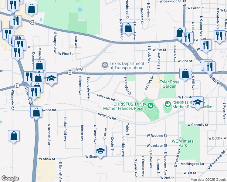 map of restaurants, bars, coffee shops, grocery stores, and more near 517 Sunnyside Drive in Tyler